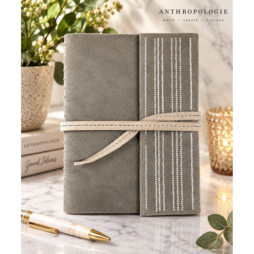 Anthropologie Suede Leather Wrap Journal Silver Foil Blank Deckle Pages 8.5"